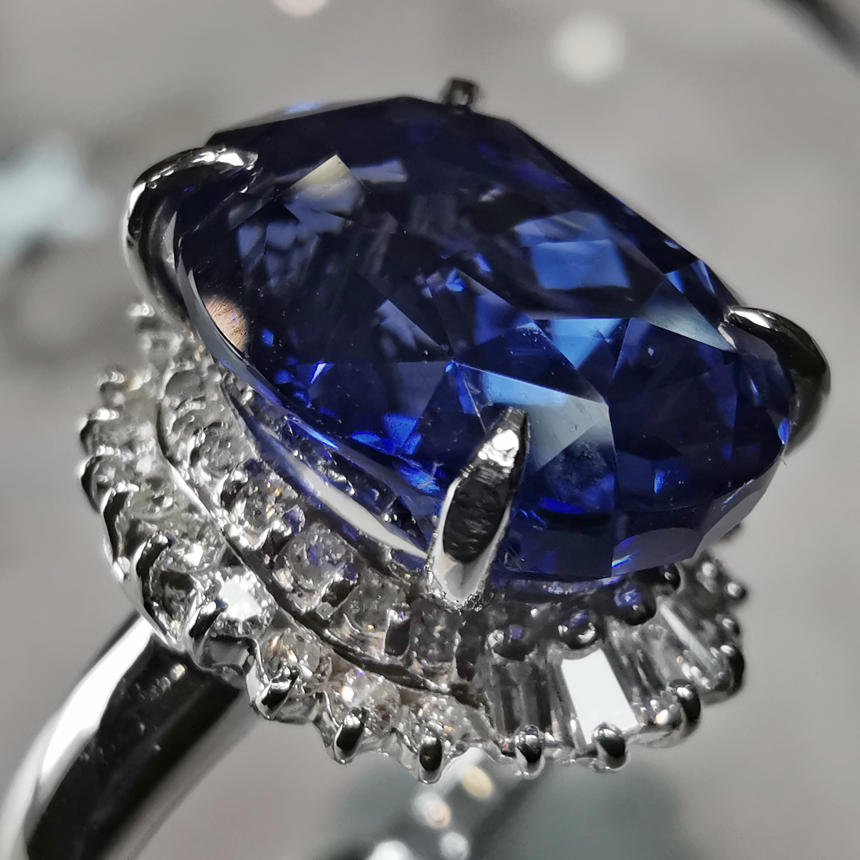 7 carat ct. Sapphire Ring with Baguette and Round Diamonds